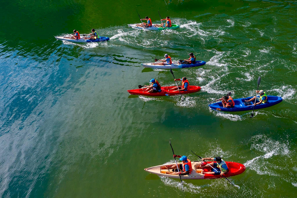 Kayakers glide peacefully through the still waters, surrounded by greenery